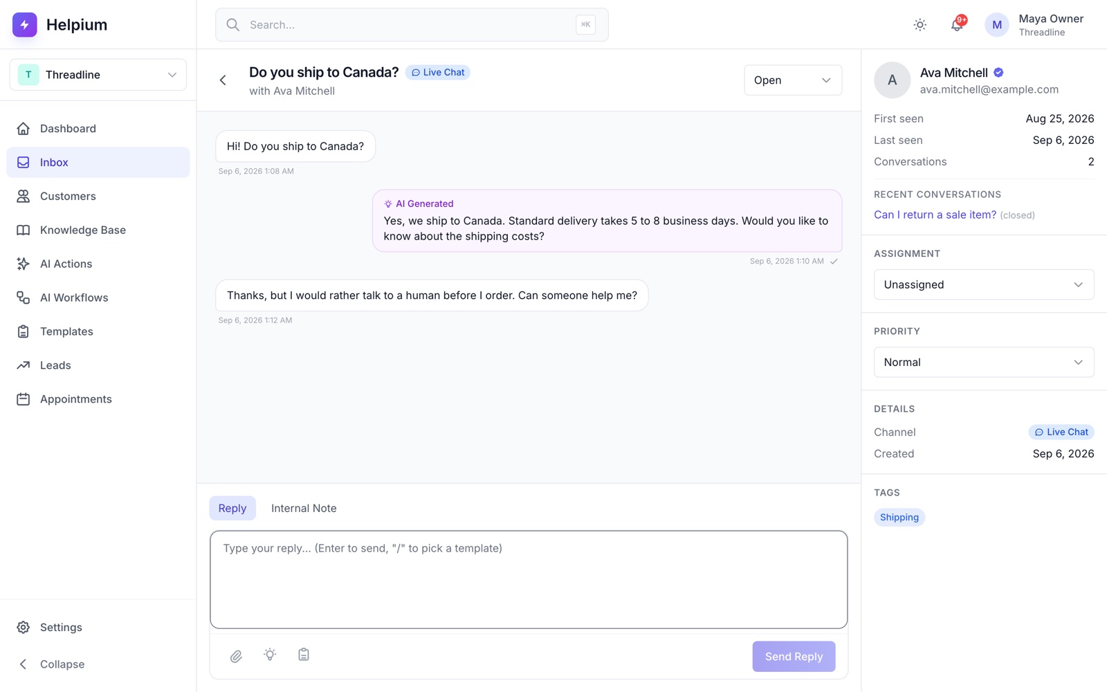 From the AI to a person, with context