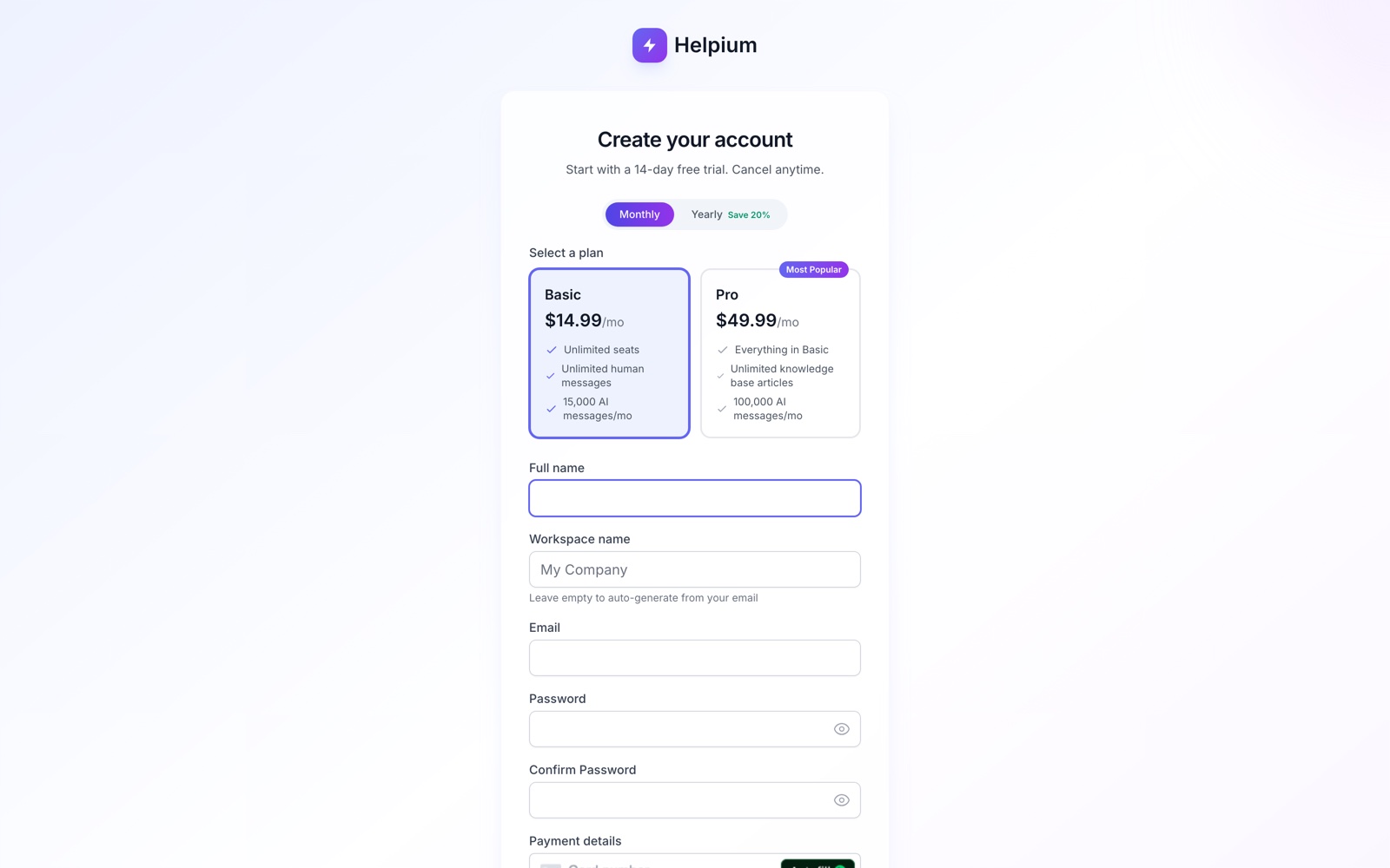 Create your Helpium account